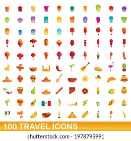 100 travel icons set. Cartoon illustration of 100 travel icons vector set isolated on white background