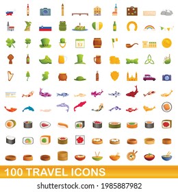 100 travel icons set. Cartoon illustration of 100 travel icons vector set isolated on white background