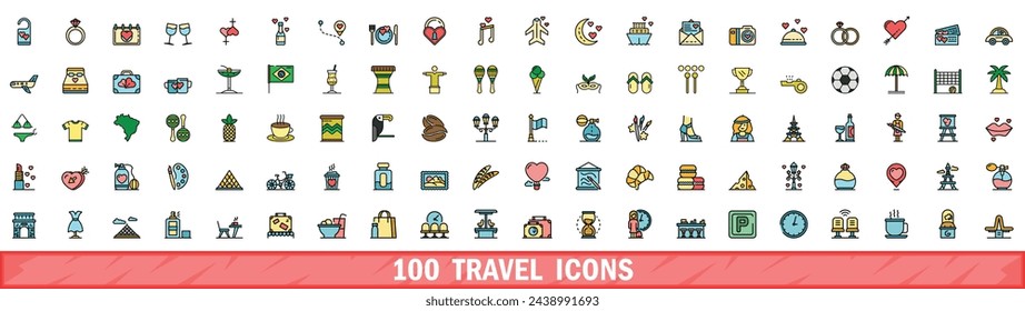 100 travel icons set. Color line set of travel vector icons thin line color flat on white