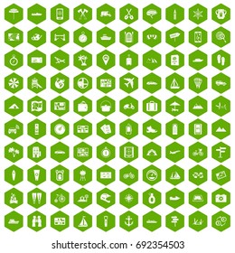 100 travel icons set in green hexagon isolated vector illustration