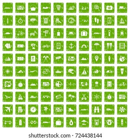 100 travel icons set in grunge style green color isolated on white background vector illustration