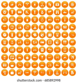 100 travel icons set in orange circle isolated on white vector illustration