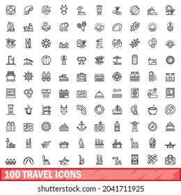 100 travel icons set. Outline illustration of 100 travel icons vector set isolated on white background