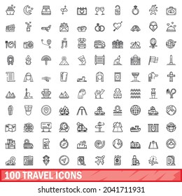 100 travel icons set. Outline illustration of 100 travel icons vector set isolated on white background