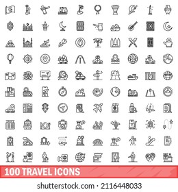 100 travel icons set. Outline illustration of 100 travel icons vector set isolated on white background