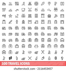 100 travel icons set. Outline illustration of 100 travel icons vector set isolated on white background