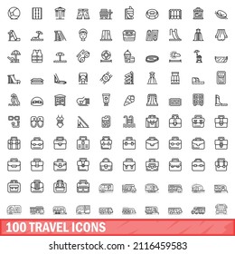 100 travel icons set. Outline illustration of 100 travel icons vector set isolated on white background