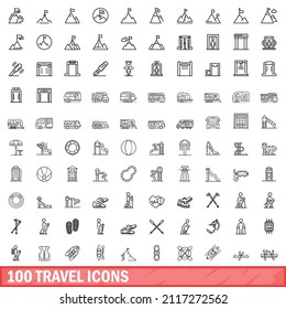 100 travel icons set. Outline illustration of 100 travel icons vector set isolated on white background