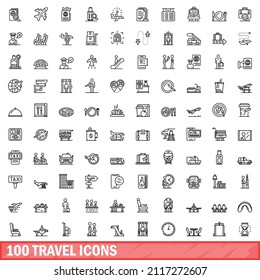 100 travel icons set. Outline illustration of 100 travel icons vector set isolated on white background