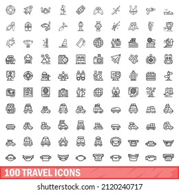 100 travel icons set. Outline illustration of 100 travel icons vector set isolated on white background