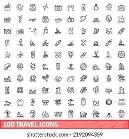 100 travel icons set. Outline illustration of 100 travel icons vector set isolated on white background