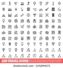 100 travel icons set. Outline illustration of 100 travel icons vector set isolated on white background
