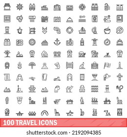 100 travel icons set. Outline illustration of 100 travel icons vector set isolated on white background