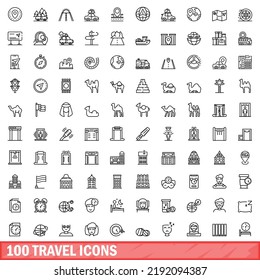 100 travel icons set. Outline illustration of 100 travel icons vector set isolated on white background