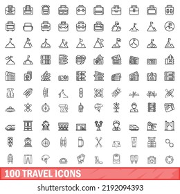 100 travel icons set. Outline illustration of 100 travel icons vector set isolated on white background