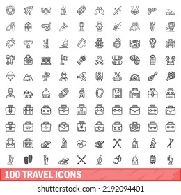 100 travel icons set. Outline illustration of 100 travel icons vector set isolated on white background