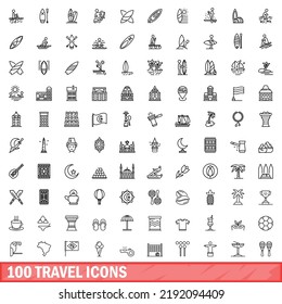 100 travel icons set. Outline illustration of 100 travel icons vector set isolated on white background