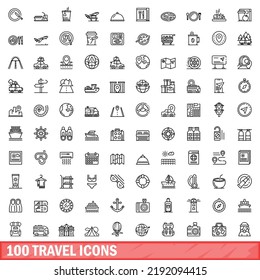 100 travel icons set. Outline illustration of 100 travel icons vector set isolated on white background