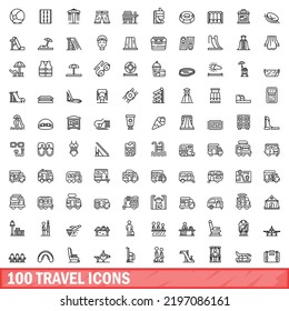 100 travel icons set. Outline illustration of 100 travel icons vector set isolated on white background