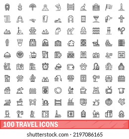 100 iconos de viaje. Ilustración de esquema de 100 iconos de viaje conjunto de vectores aislado en fondo blanco