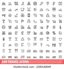 100 travel icons set. Outline illustration of 100 travel icons vector set isolated on white background
