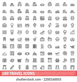 100 travel icons set. Outline illustration of 100 travel icons vector set isolated on white background