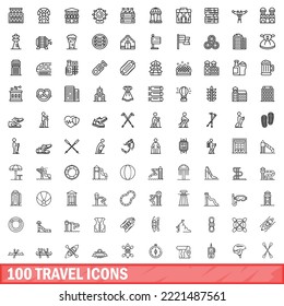 100 travel icons set. Outline illustration of 100 travel icons vector set isolated on white background