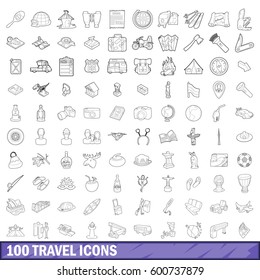 100 travel icons set in outline style for any design vector illustration
