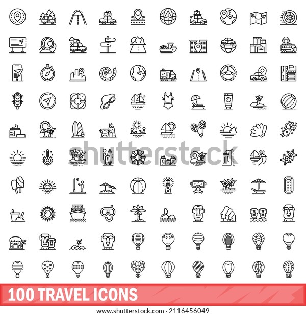 100 travel icons set.\
Outline illustration of 100 travel icons vector set isolated on\
white background