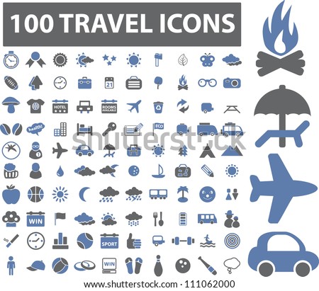 100 travel icons set, vector