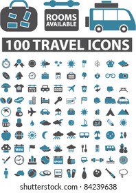 100 travel icons, signs, vector illustrations set