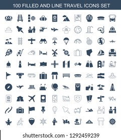 100 travel icons. Trendy travel icons white background. Included filled and line icons such as umbrella, table, Louvre, lugagge weight, luggage. travel icon for web and mobile.