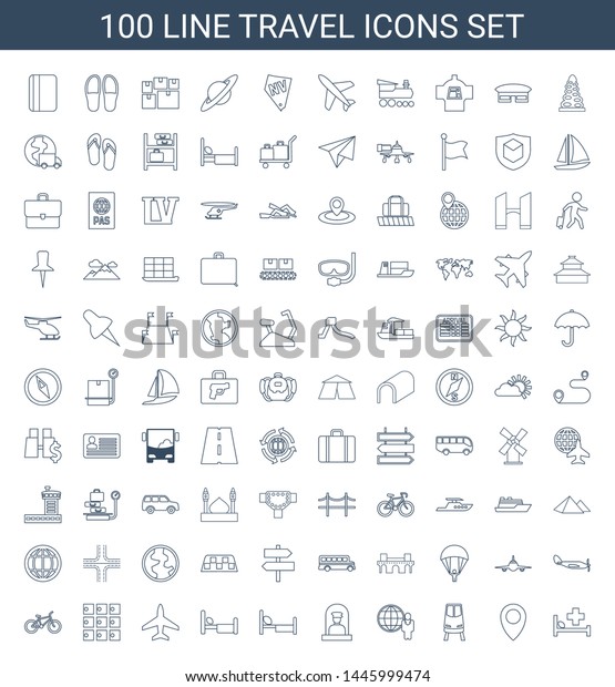 100 travel\
icons. Trendy travel icons white background. Included line icons\
such as medical bed, location, train, globe and man, airport\
officer. travel icon for web and\
mobile.