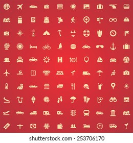 100 travel icons, yellow on red background 