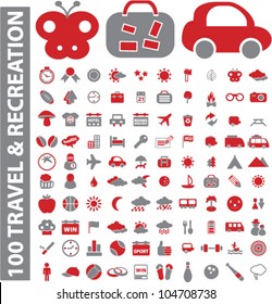 100 travel & recreation icons set, vector