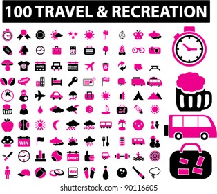 100 travel & recreation icons set, vector illustrations