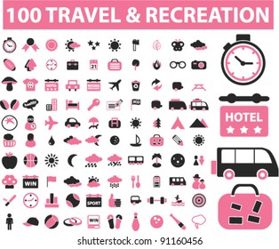 100 travel & recreation icons set, vector illustration