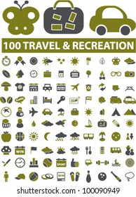 100 travel & recreation icons, signs, vector