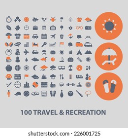 100 travel, recreation icons, signs, illustrations, vector, set