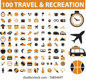 100 travel & recreation icons, signs, vector illustrations