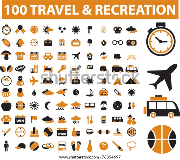 100 travel & recreation icons, signs,
vector illustrations
