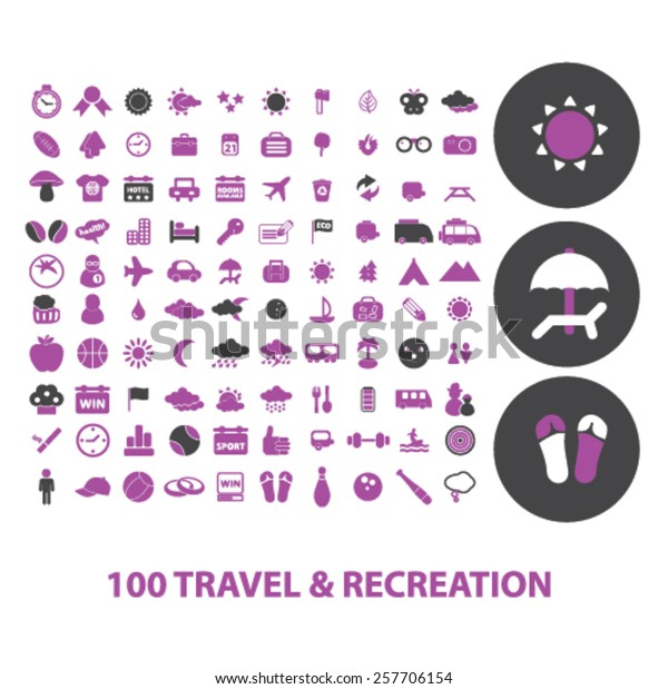 100 travel,\
recreation, tourism, beach isolated icons, signs, illustrations\
concept design set on background for mobile application, website,\
adverisement, vector