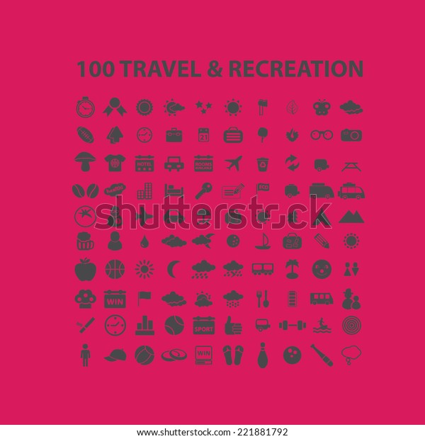 100 travel, recreation, tourism\
icons, signs, illustrations, silhouettes set,\
vector