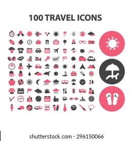 100 travel, recreation, tourism, summer vacation icons, signs, illustrations set, vector