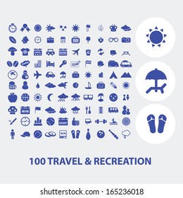 100 travel, recreation, trip icons set, vector