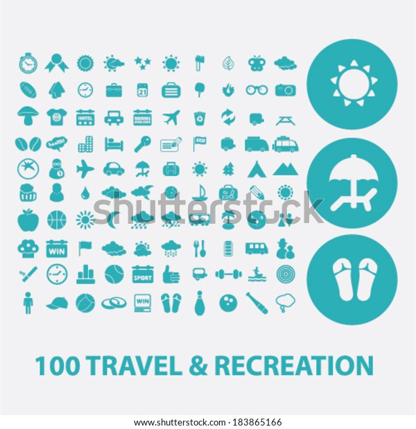 100 travel,\
recreation, vacation flat icons set  for digital web, print,\
design, mobile phone apps,\
vector