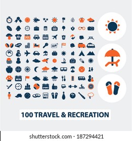 100 travel, recreation, vacation icons, signs, elements set, vector 