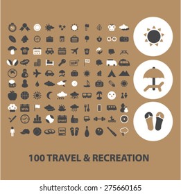 100 travel, recreation, vacation icons, signs. illustrations set, vector