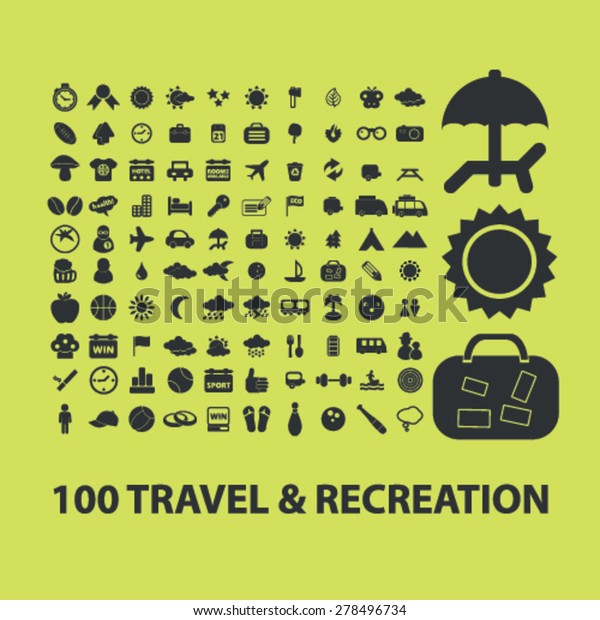 100 travel, recreation, vacation icons, signs,\
illustrations set, vector
