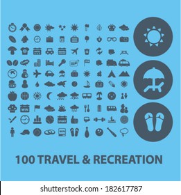 100 travel, recreation, vacation, summer beach icons, signs set, vector